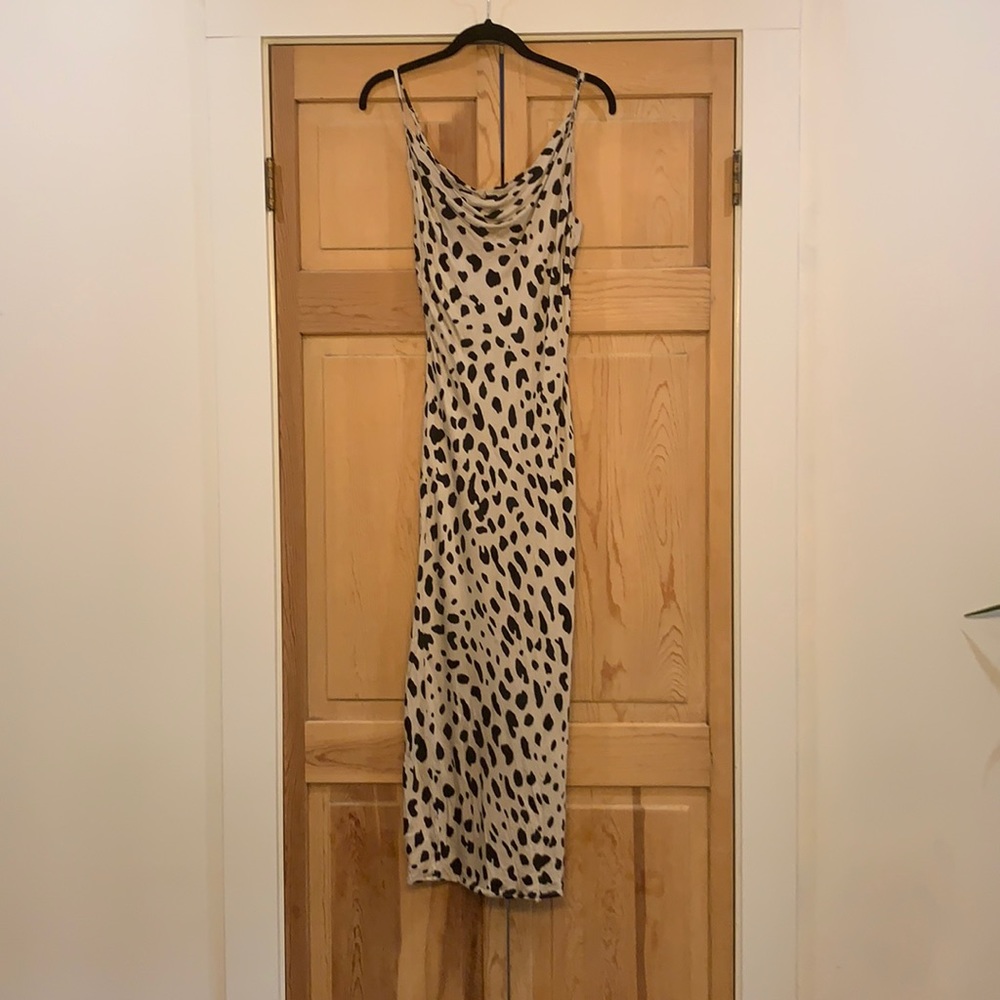 Printed cowl neck tan midi